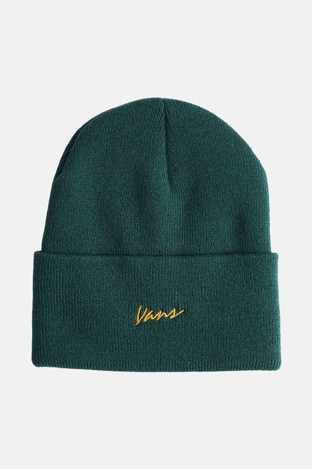 Casquette verte de VANS "OFF THE WALL" avec logo brodé en fil doré.