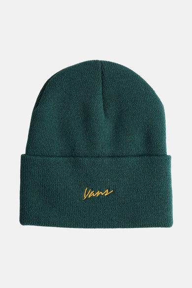 Casquette verte de VANS "OFF THE WALL" avec logo brodé en fil doré.