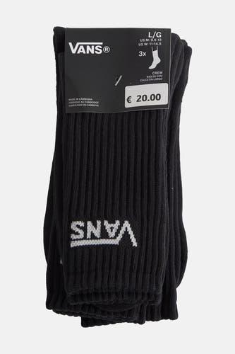 Zwarte sokken van VANS "OFF THE WALL" met ribbels en logo-opdruk, verpakt met een prijskaartje.
