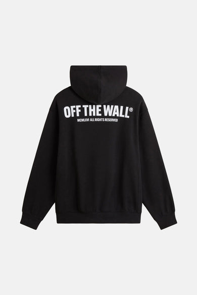 Zwarte sweater met kap van VANS “OFF THE WALL”, met witte logo-opdruk op de rug.
