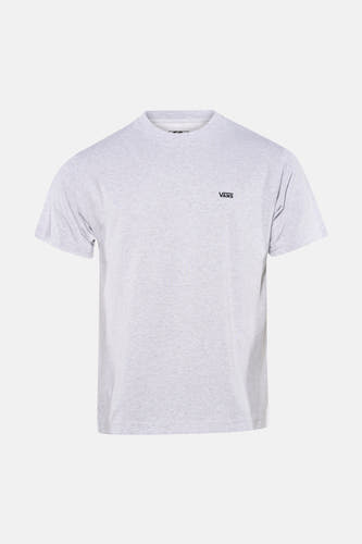 T-shirt gris VANS "OFF THE WALL" à manches courtes, porté avec un jean bleu déchiré et des baskets bleues.