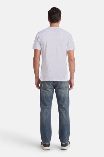 T-shirt gris à manches courtes VANS "OFF THE WALL", vu de dos, combiné avec un jean bleu et des baskets.