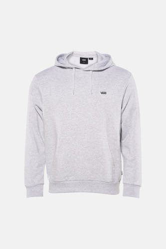 Grijze sweater met kap van Vans, met klein merklogo op de borst en buidelzak aan de voorkant.
