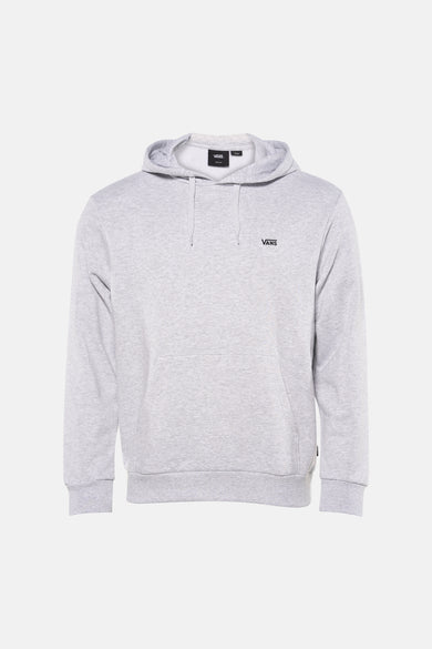 Sweat à capuche gris VANS "OFF THE WALL", avec un petit logo sur la poitrine, combiné avec un jean bleu déchiré et des baskets grises.