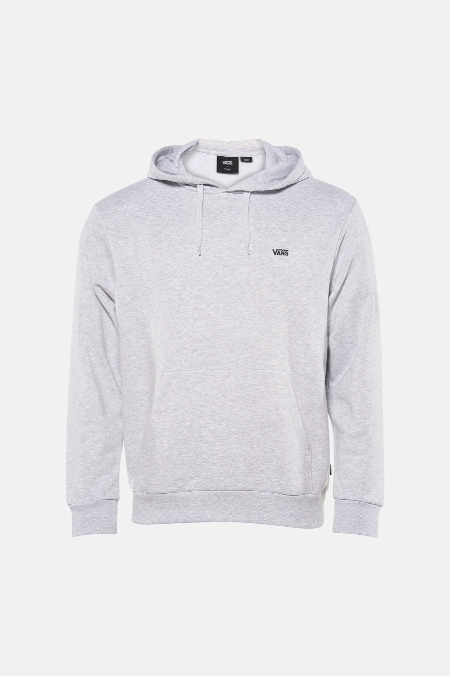 Grijze sweater met kap van Vans, met klein merklogo op de borst en buidelzak aan de voorkant.
