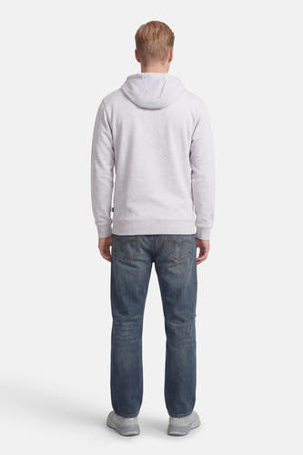 Grijze sweater met kap van VANS “OFF THE WALL”, gezien van achteren, gecombineerd met blauwe jeans en grijze sneakers.