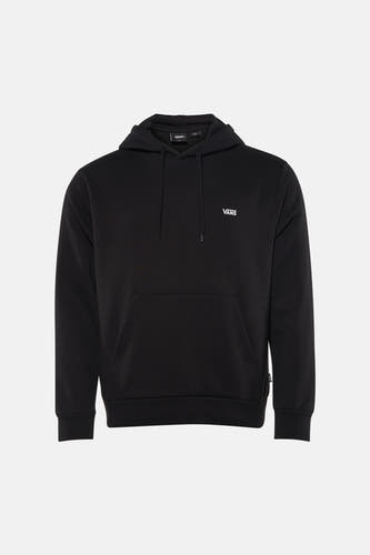 Zwarte sweater met kap van Vans, met witte merknaam op de borst en buidelzak.