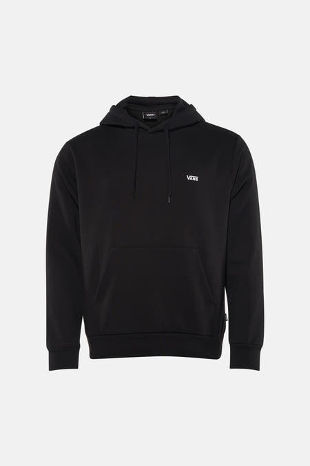 Zwarte sweater met kap van Vans, met witte merknaam op de borst en buidelzak.