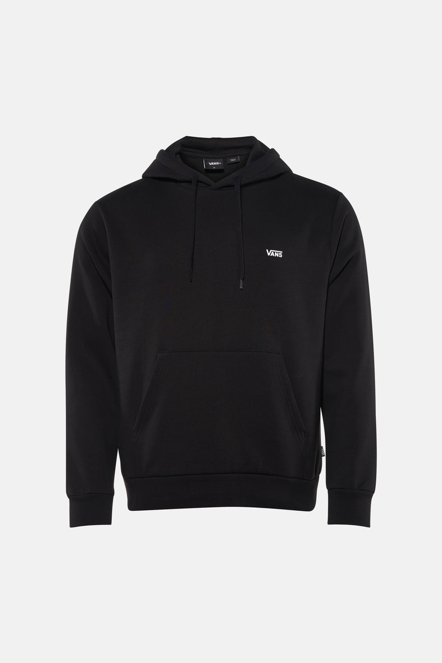 Zwarte sweater met kap van Vans, met witte merknaam op de borst en buidelzak.