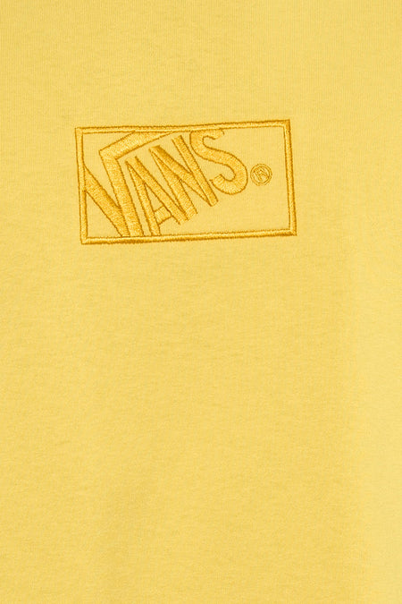 Geel T-shirt van VANS “OFF THE WALL” met geborduurd rechthoekig logo op de borst.
