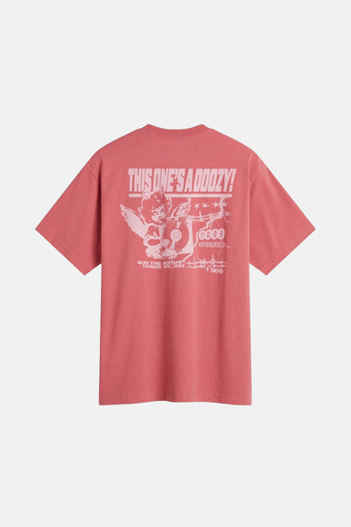T-shirt rose à manches courtes de VANS "OFF THE WALL" avec une impression graphique sur le dos.