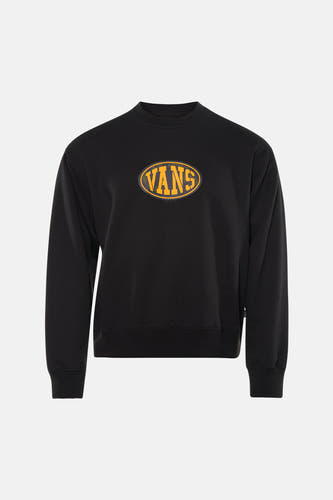 Zwarte sweater met ronde hals van Vans, met een groot, ovaal logo op de voorkant.
