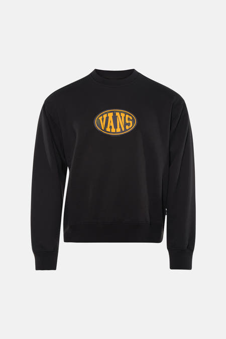 Zwarte sweater met ronde hals van Vans, met een groot, ovaal logo op de voorkant.
