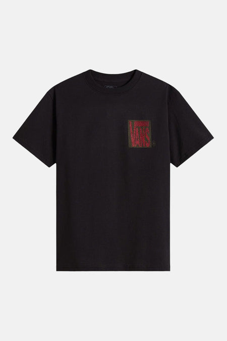 Zwart T-shirt van VANS “OFF THE WALL” met een rood en groen vierkant logo op de borst.