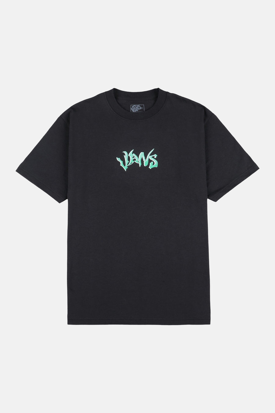 Zwart T-shirt met korte mouwen van VANS “OFF THE WALL”, met groen logo op de borst.
