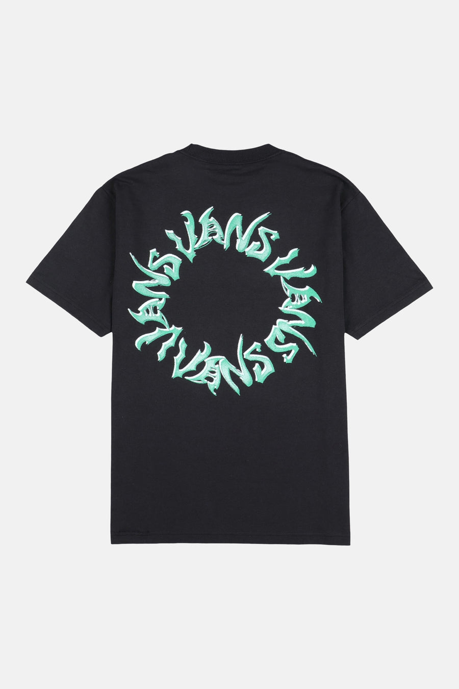 Zwart T-shirt van VANS “OFF THE WALL” met een grafische print in een cirkelvorm op de rug.