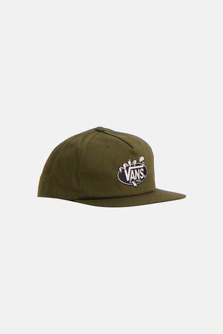 Groene pet van VANS met wit en zwart logo en platte klep, in zijaanzicht.