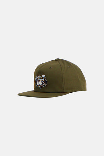 Groene pet van VANS “OFF THE WALL” met wit en zwart geborduurd logo inclusief "Since 1966", een doodshoofd en diverse figuren, zij-aanzicht.