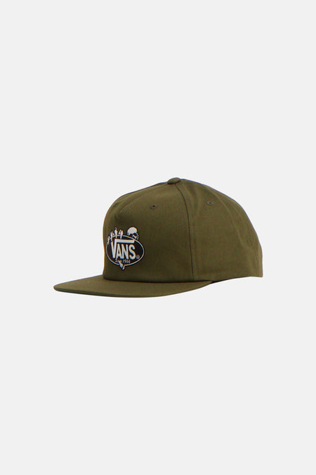 Casquette verte VANS "OFF THE WALL" avec logo brodé blanc et noir incluant "Since 1966", un crâne et diverses figures, vue latérale.