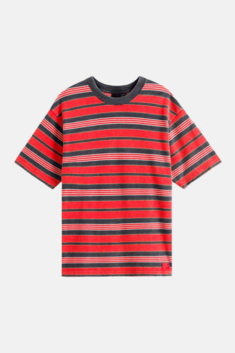 Multikleurig T-shirt met korte mouwen van VANS “OFF THE WALL”, met horizontale rode en grijze strepen.
