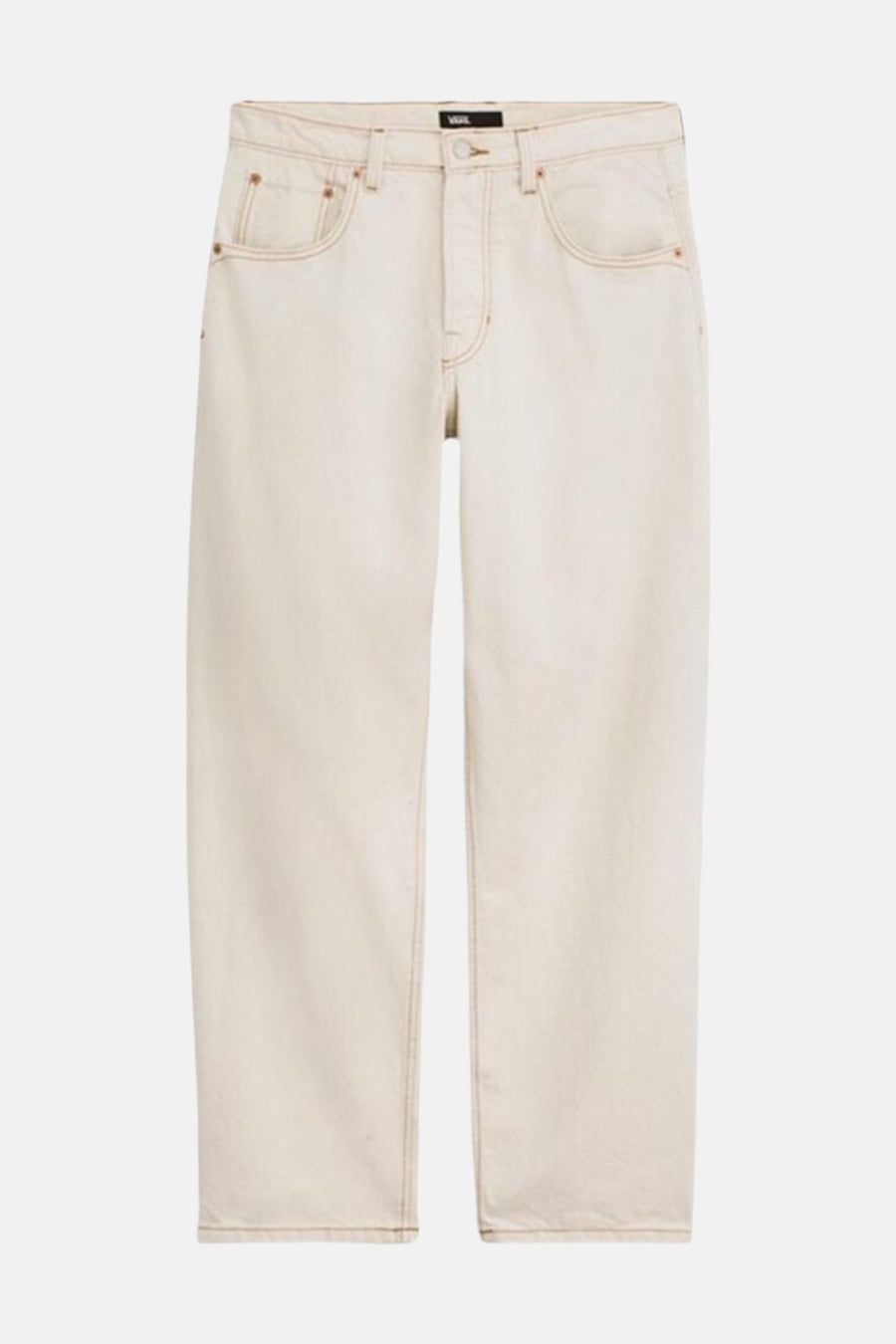 Off-white wijde jeans van VANS “OFF THE WALL” met lichtbruine stiksels en metalen klinknagels.