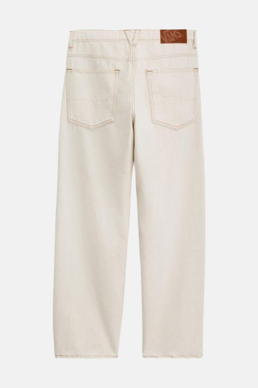 Off-white wide denim jeans van VANS “OFF THE WALL” met bruin merklabel en stiksels op de achterzijde.