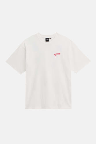 T-shirt blanc à manches courtes VANS "OFF THE WALL", avec un petit imprimé rouge sur la poitrine.