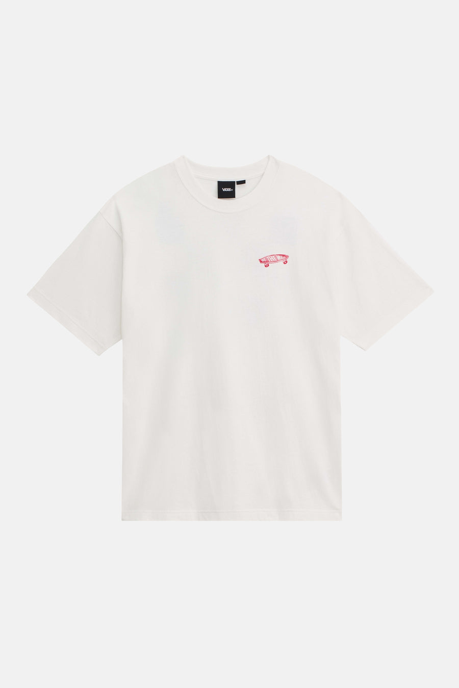 T-shirt blanc à manches courtes VANS "OFF THE WALL", avec un petit imprimé rouge sur la poitrine.