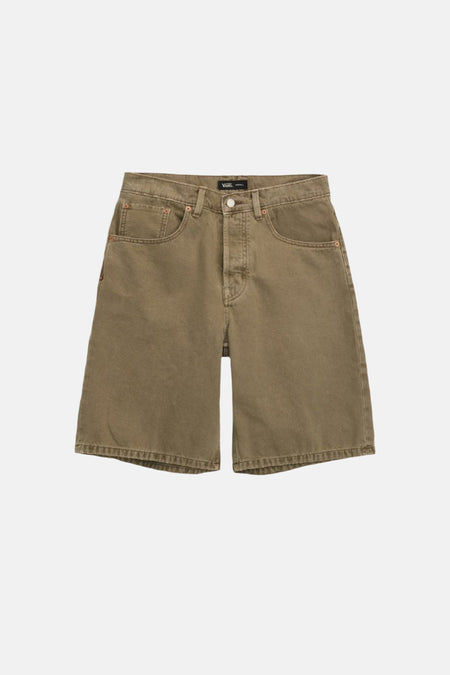 Olijfgroene jeansshort van VANS “OFF THE WALL” met vijf zakken, knoopsluiting en opvallende stiksels.