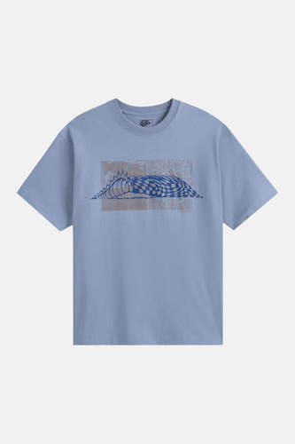 Blauw T-shirt met korte mouwen van VANS “OFF THE WALL”, met een grafische print van een golf.

