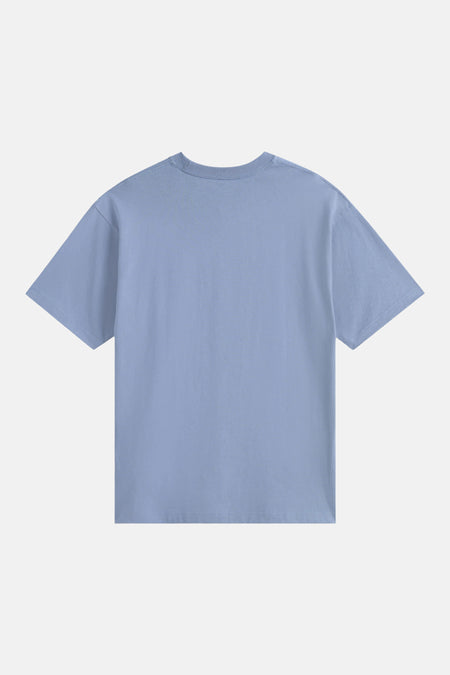 Blauw T-shirt van VANS “OFF THE WALL”, effen ontwerp, korte mouwen en ronde hals, achterkant weergegeven.
