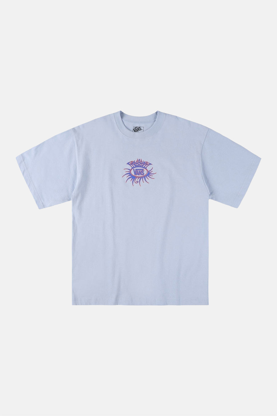 Blauw T-shirt van VANS “OFF THE WALL” met een centraal, kleurrijk logo-ontwerp op de borst.