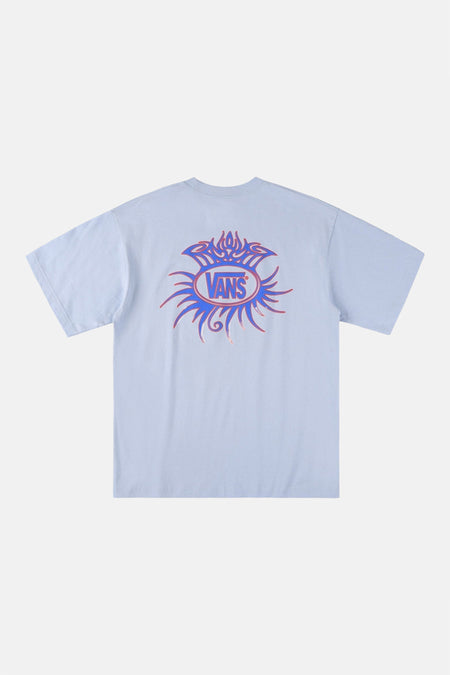 Blauw T-shirt van VANS “OFF THE WALL” met een opvallende, abstracte grafische print op de achterkant.
