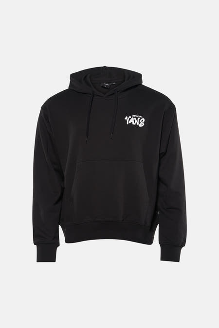 Zwarte sweater met kap van VANS “OFF THE WALL”, met witte logo-opdruk op de borst en een buidelzak.