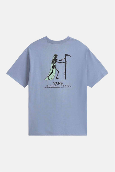Blauwe korte mouw t-shirt van VANS met skeletprint en tekst op de rug, casual stijl, achterkant weergegeven