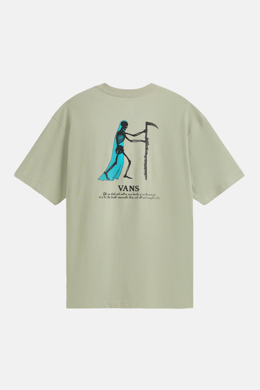 Groen T-shirt van VANS met een rugprint van een donker skelet in blauwe cape met een zeis en VANS-logo.