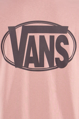 Roze T-shirt van VANS “OFF THE WALL” met een groot logo in een ovaal op de borst.

