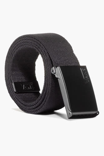 Zwarte riem van Vans, met metalen gesp en geweven textuur.
