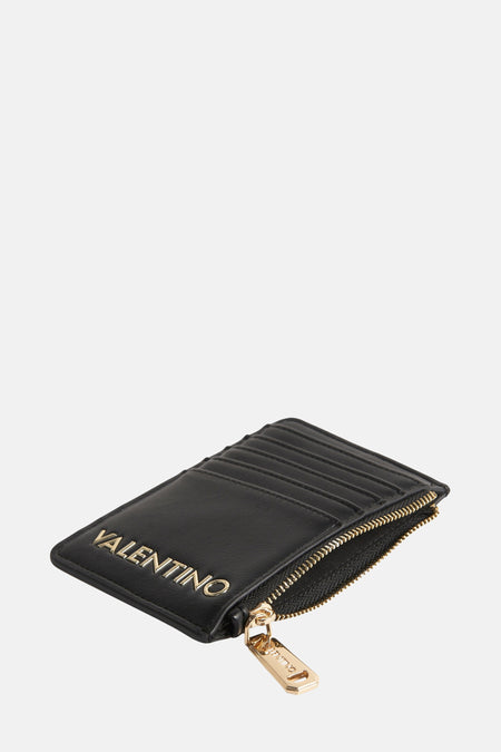 Zwarte portemonnee van VALENTINO BAGS met gouden ritssluiting en logo.
