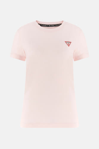 Roze T-shirt met korte mouwen van Guess, met een klein logo op de borst en 'BE SEXY BE UNIQUE BE ICONIC' in de hals.
