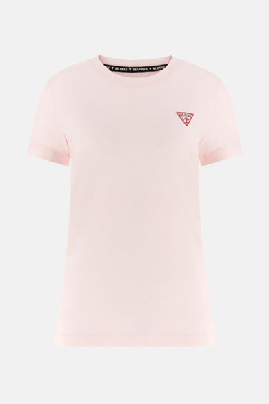 Roze T-shirt met korte mouwen van Guess, met een klein logo op de borst en 'BE SEXY BE UNIQUE BE ICONIC' in de hals.
