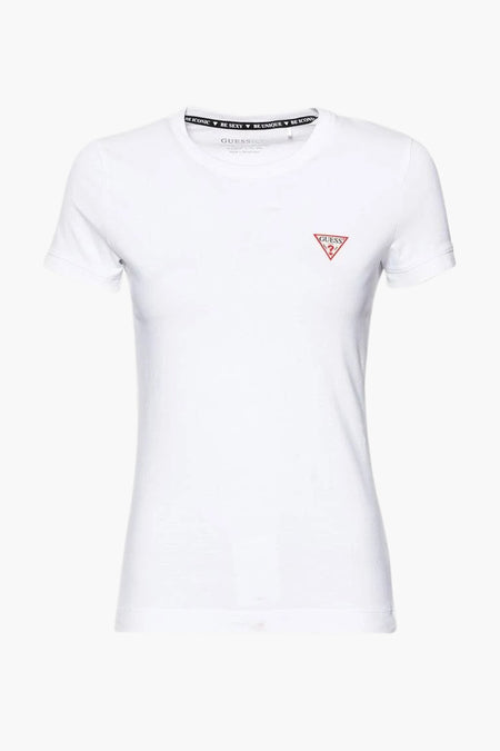 Witte korte mouwen T-shirt van Guess® met rood driehoekig logo op borst, ronde hals en gestreept label aan binnenkant