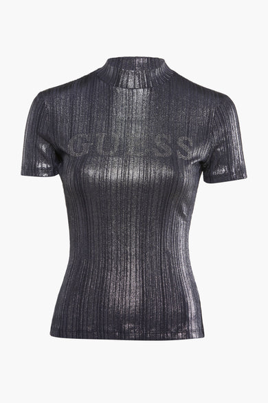 Blauwe ribbel t-shirt met hoge kraag van Guess®, glanzend materiaal, korte mouwen, front view
