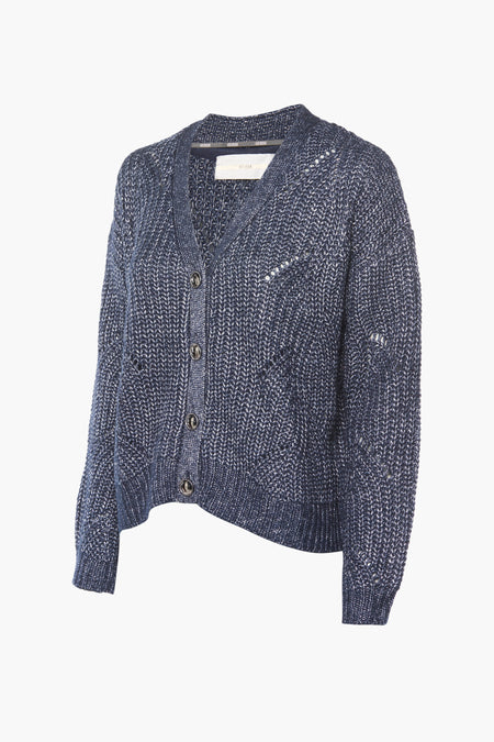 Gilet en maille bleu de Guess avec fil brillant, col en V et boutons.