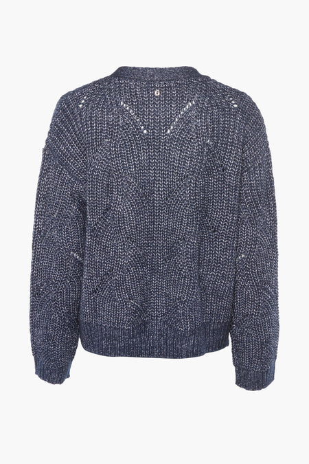 Gilet en maille bleu Guess® avec fil argenté, structure ouverte et logo doré dans la nuque, au dos.