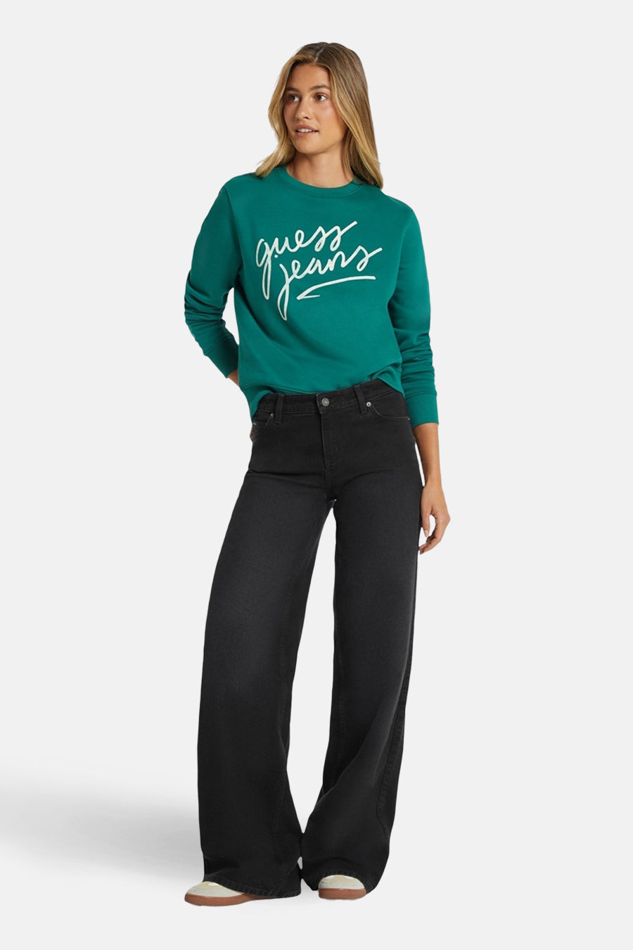 Zwarte, wijde jeans van denim van Guess, met een hoge taille en lange pijpen.