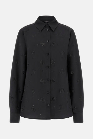 Zwart, lange mouwen hemd van Guess met geborduurde motieven en knoopsluiting.
