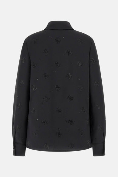 Zwart hemd met lange mouwen van Guess, met een patroon van kleine logo's en glitters.
