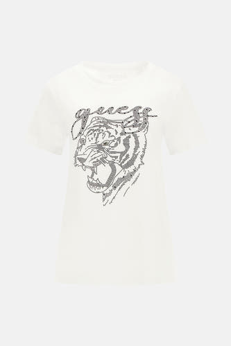 T-shirt blanc à manches courtes de Guess, orné d'un imprimé tigre et du logo de la marque en pierres.