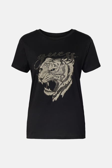 T-shirt noir à manches courtes de Guess, orné d'imprimé tigre avec des strass.
